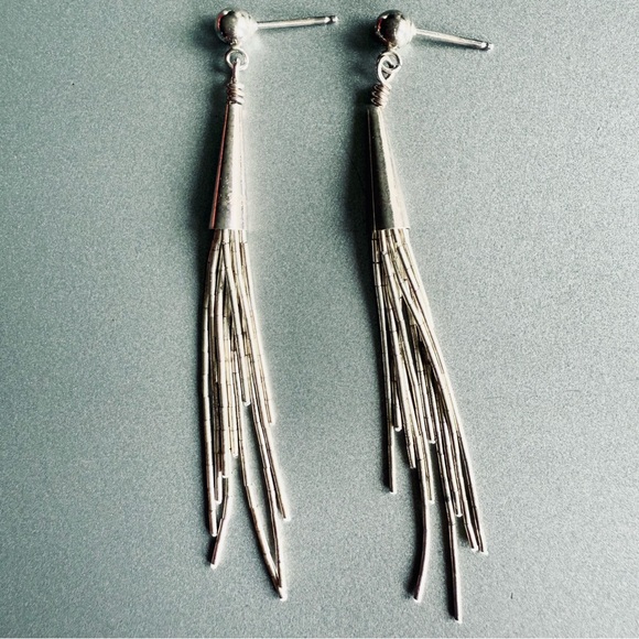 🎉Sold🎉 10 Multi Strand Sterling Liquid Silv Southwestern Tassel Dangle Earrings - Picture 2 of 7
